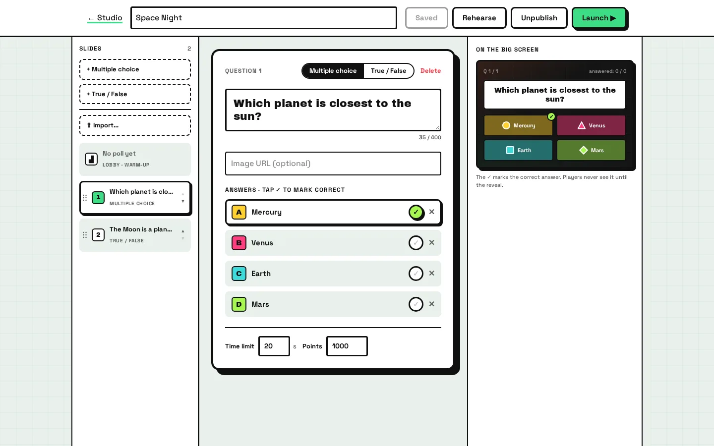 KaBooom’s quiz editor with a question, four answer options and a shared-screen preview