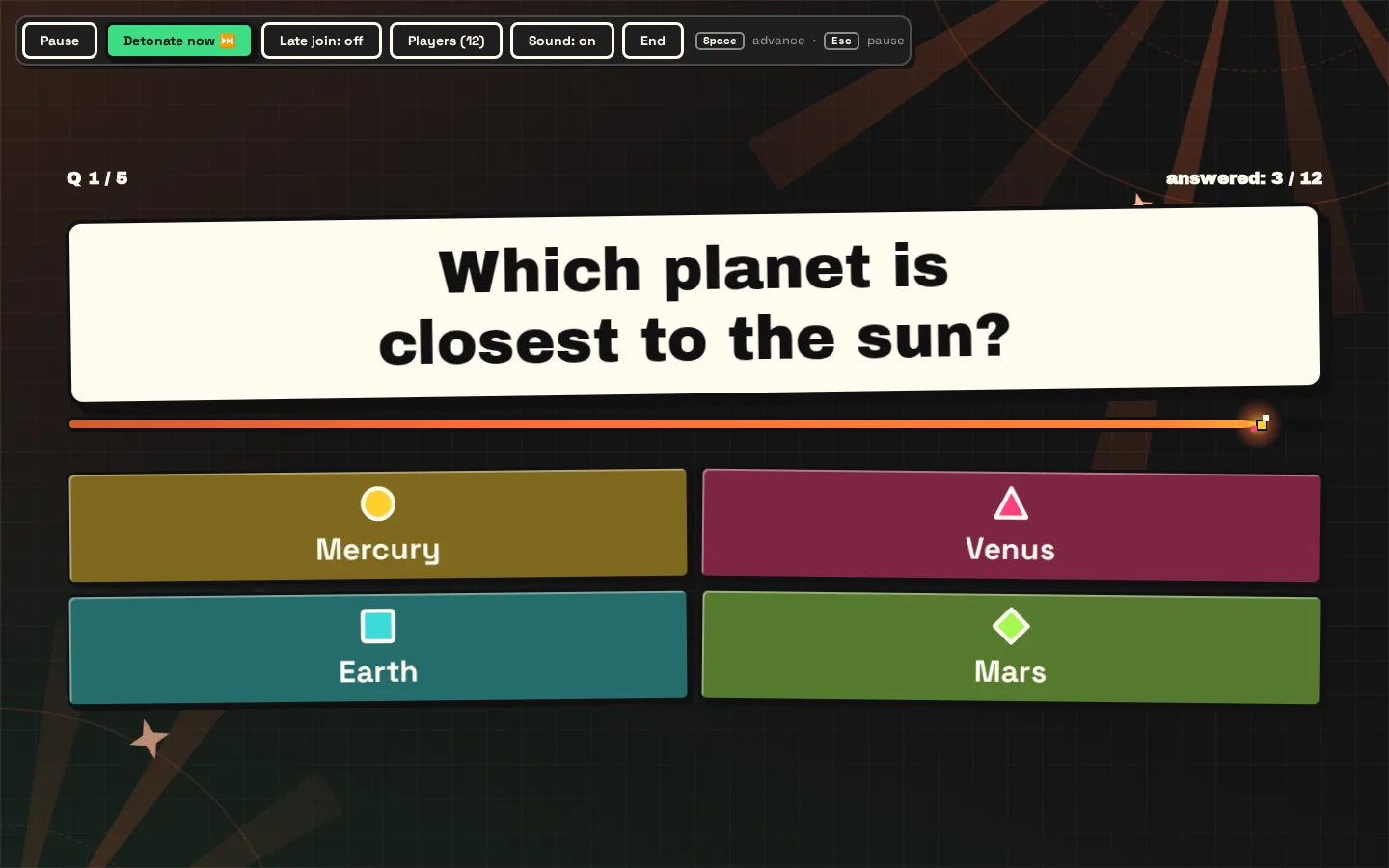 KaBooom’s host screen with a live question, answer shapes and a timer
