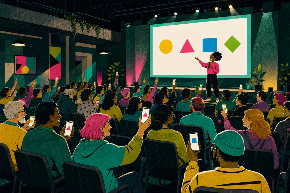 Stylized illustration of a conference audience answering a live quiz between sessions.