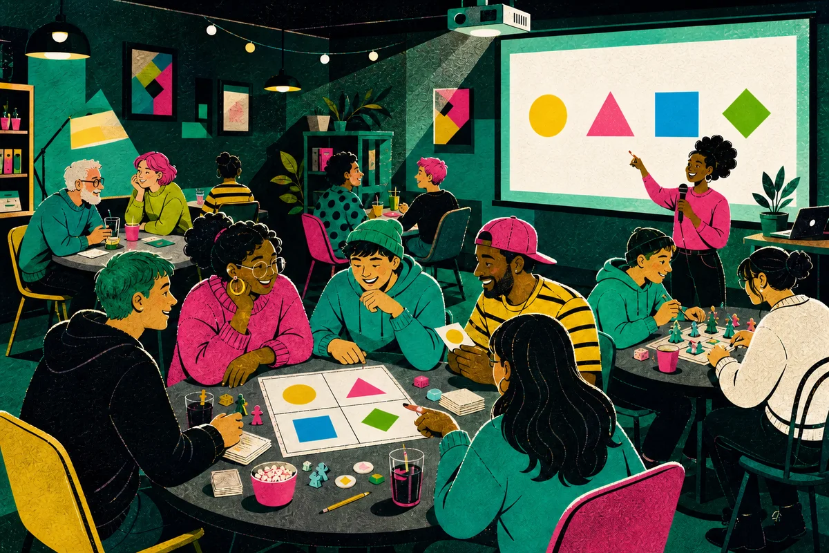 Stylized illustration of friends at small tables playing a projected quiz together.