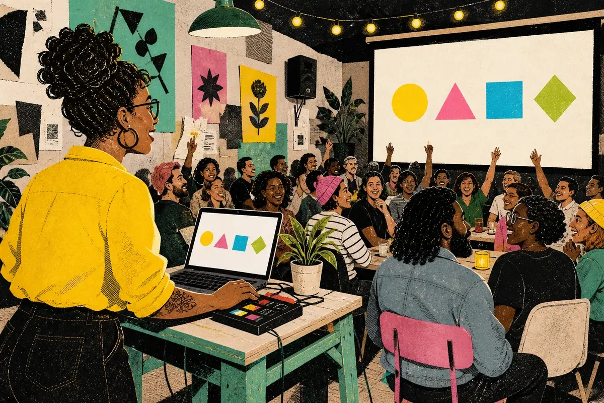 Editorial illustration of a volunteer organizer running a live quiz for a lively community room.