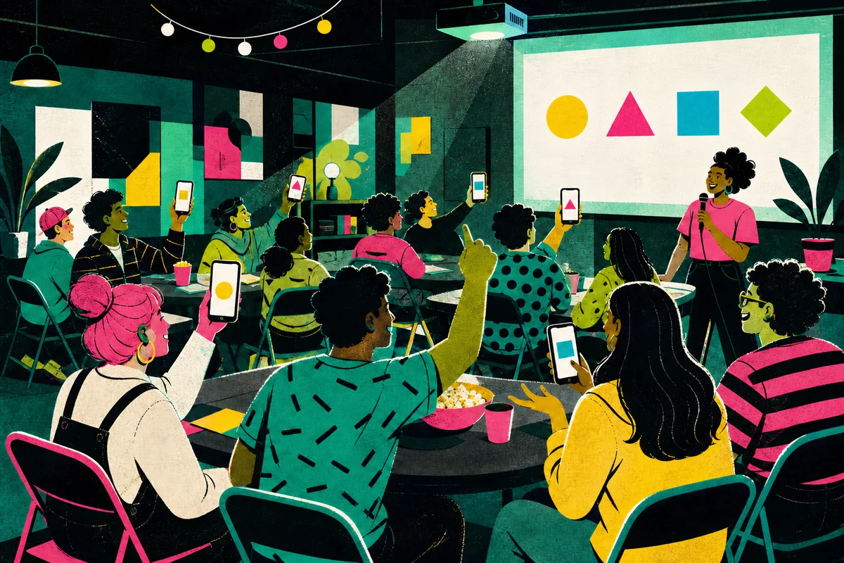 Stylized illustration of a student club sharing a live quiz in a campus common room.