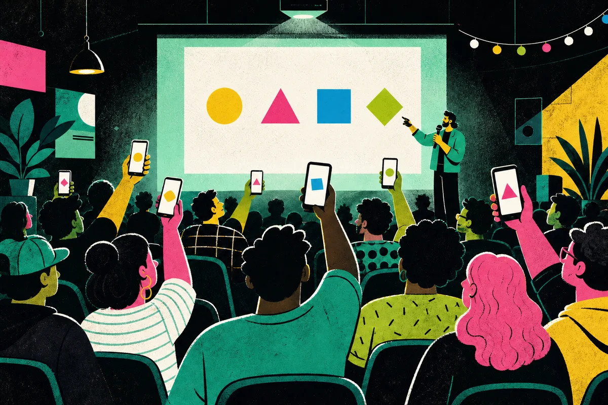 Stylized illustration of a technology meetup crowd answering a projected live quiz on their phones.