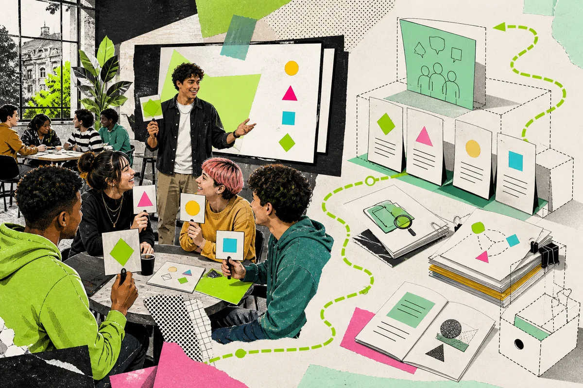 Editorial illustration of a student club playing today beside an unfinished classroom toolkit for the future.