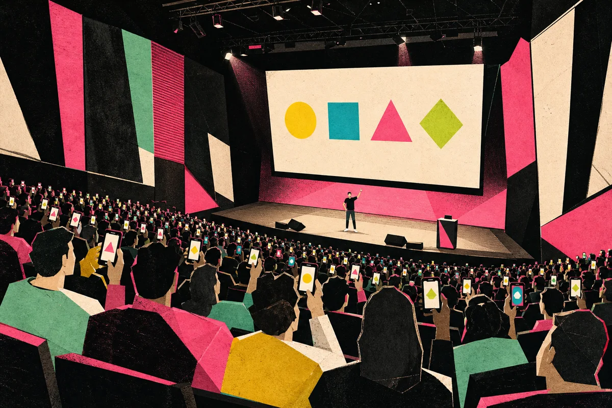 Editorial illustration of a large conference audience answering a projected live quiz between talks.
