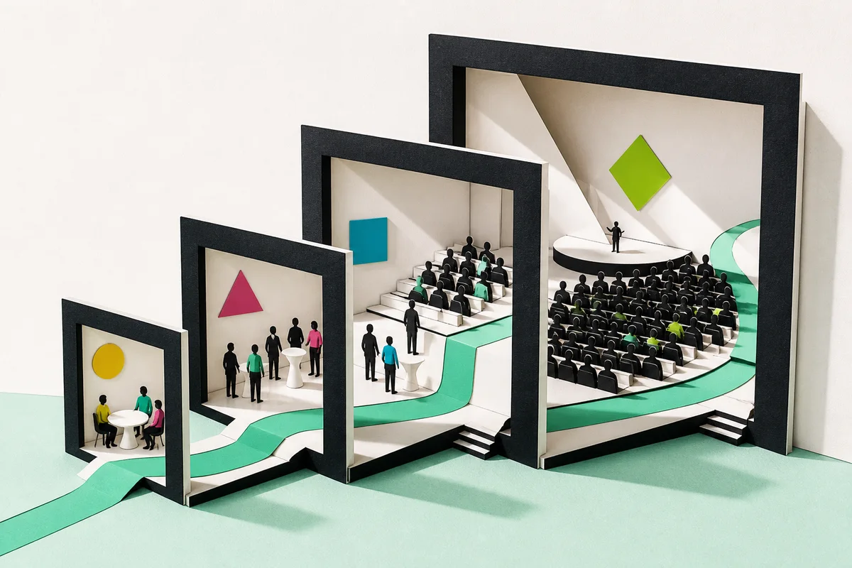 A paper model of four event rooms growing from a small table to an auditorium, joined by one uninterrupted green path.