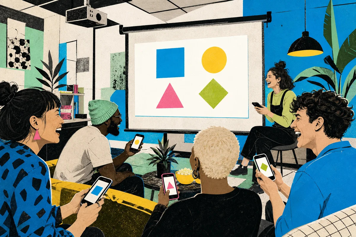 Editorial illustration of a team laughing together while answering a live quiz on their phones.