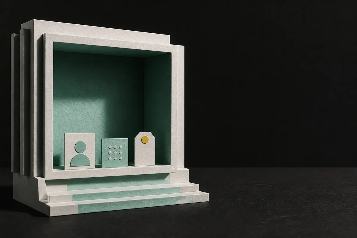 A minimal paper vault containing only a nickname card, score dots and a room ticket, with most of the space left empty.
